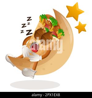 Jolie mascotte burrito dormant, dormant sur la lune. Idéal pour les magasins d'alimentation, les petites entreprises ou le commerce électronique, la marchandise et l'autocollant, la promotion de bannière, f Illustration de Vecteur