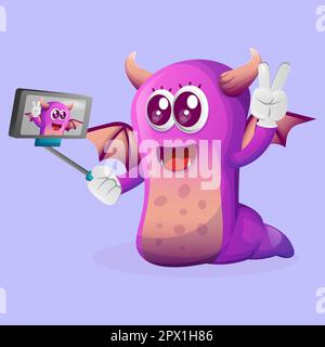 Un joli monstre violet prend un selfie avec un smartphone. Idéal pour les enfants, les petites entreprises ou l'e-commerce, la marchandise et l'autocollant, la promotion de bannière, blog ou Illustration de Vecteur