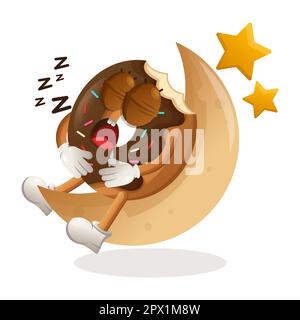 Adorable mascotte de beignet dormant sur la lune. Idéal pour les magasins d'alimentation, les petites entreprises ou le commerce électronique, la marchandise et l'autocollant, la promotion de bannière, foo Illustration de Vecteur