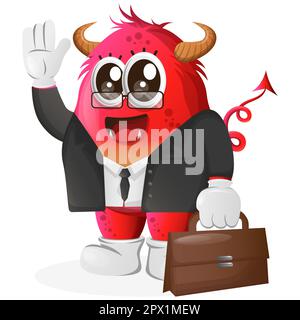 Homme d'affaires mignon monstre rouge. Idéal pour les enfants, les petites entreprises ou le commerce électronique, les marchandises et les autocollants, la promotion de bannière, le blog ou le canal vlog Illustration de Vecteur