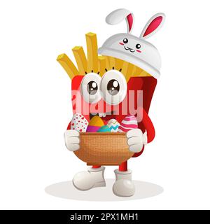 Une adorable mascotte de frites portant le chapeau de lapin et tenant l'œuf de pâques dans le panier. Idéal pour les magasins d'alimentation, les petites entreprises ou le commerce électronique, la marchandise et Illustration de Vecteur