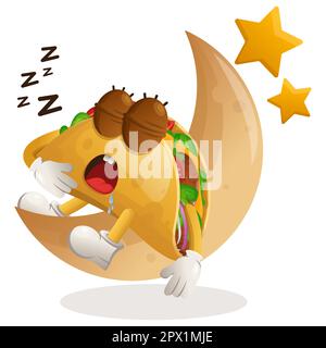 Jolie mascotte taco dormant, dormant sur la lune. Idéal pour les magasins d'alimentation, les petites entreprises ou le commerce électronique, la marchandise et l'autocollant, la promotion de bannière, la nourriture Illustration de Vecteur