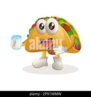 La mascotte de tacos mignonne boit du lait et mange des biscuits. Idéal pour les magasins d'alimentation, les petites entreprises ou le commerce électronique, la marchandise et l'autocollant, la promotion de bannière, la restauration Illustration de Vecteur