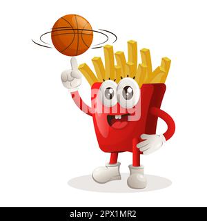 Mascotte de frites mignonne jouant au basket-ball, freestyle avec balle. Idéal pour les magasins d'alimentation, les petites entreprises ou le commerce électronique, la marchandise et l'autocollant, banne Illustration de Vecteur