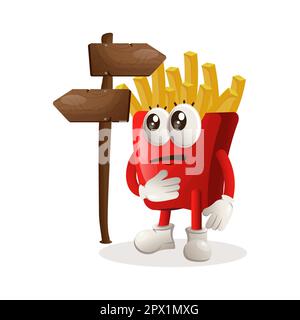 Une mascotte de frites mignonne prend une décision. Idéal pour les magasins d'alimentation, les petites entreprises ou le commerce électronique, la marchandise et l'autocollant, la promotion des bannières, l'examen des aliments Illustration de Vecteur