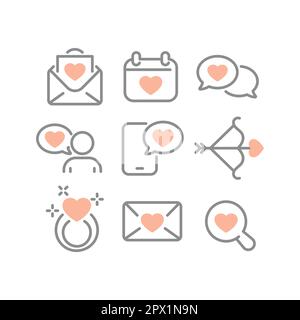 Jeu d'icônes de vecteur de ligne d'application d'amour et de datation. Lettres, messages et symboles de mariage. Illustration de Vecteur