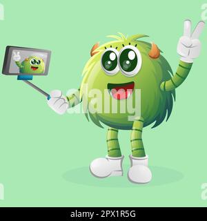 Un joli monstre vert prend un selfie avec un smartphone. Idéal pour les enfants, les petites entreprises ou l'e-commerce, la marchandise et l'autocollant, la promotion de bannière, blog ou Illustration de Vecteur
