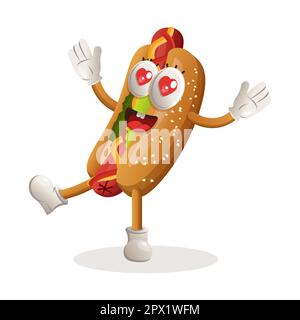 Adorable mascotte d'hot-dog ludique et heureux. Idéal pour les magasins d'alimentation, les petites entreprises ou le commerce électronique, les marchandises et les autocollants, la promotion des bannières, l'analyse des aliments Illustration de Vecteur