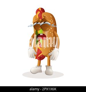 Une adorable mascotte de hot dog pleure. Idéal pour les magasins d'alimentation, les petites entreprises ou le commerce électronique, les marchandises et les autocollants, la promotion de bannière, le blog de revue de nourriture ou vlog c Illustration de Vecteur