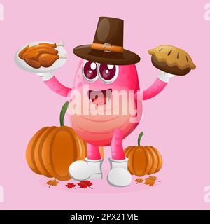 Un joli monstre rose célèbre l'action de grâce. Idéal pour les enfants, les petites entreprises ou l'e-commerce, la marchandise et l'autocollant, la promotion de bannière, blog ou vlog Illustration de Vecteur