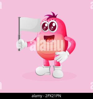 Un joli monstre rose agité un drapeau blanc vide. Idéal pour les enfants, les petites entreprises ou l'e-commerce, la marchandise et l'autocollant, la promotion de bannière, blog ou vlog Illustration de Vecteur