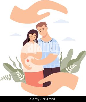 Une famille heureuse attend bébé. Les mains protègent la femme enceinte et le mari. Illustration vectorielle. Futurs parents, maternité, parentalité, voiture Illustration de Vecteur