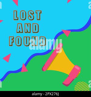 Affiche textuelle montrant les objets perdus, l'approche d'entreprise où vous pouvez trouver le service de recherche d'objets oubliés Banque D'Images