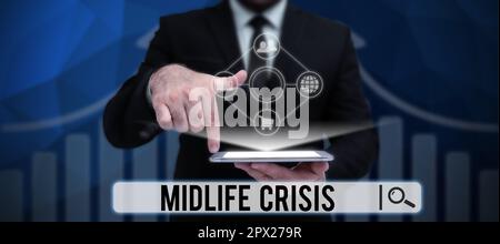 Signe de texte montrant Midlife Crisis, photo conceptuelle technique de développement de logiciel décomposant une application Banque D'Images