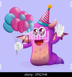 Mignon monstre violet portant un chapeau d'anniversaire, tenant des ballons. Idéal pour les enfants, les petites entreprises ou le commerce électronique, la marchandise et l'autocollant, la bannière Illustration de Vecteur