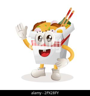 Jolie mascotte ramen agitant la main. Idéal pour les magasins d'alimentation, les petites entreprises ou le commerce électronique, les marchandises et les autocollants, la promotion de bannière, le blog de revue de nourriture ou vl Illustration de Vecteur