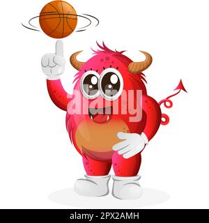 Mignon monstre rouge jouant au basket-ball, freestyle avec le ballon. Idéal pour les enfants, les petites entreprises ou le commerce électronique, la marchandise et l'autocollant, la promotion de bannière, b Illustration de Vecteur