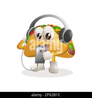 Adorable mascotte de taco écoutant de la musique sur un smartphone à l'aide d'un casque. Idéal pour les magasins d'alimentation, les petites entreprises ou le commerce électronique, la marchandise et l'autocollant, Ban Illustration de Vecteur