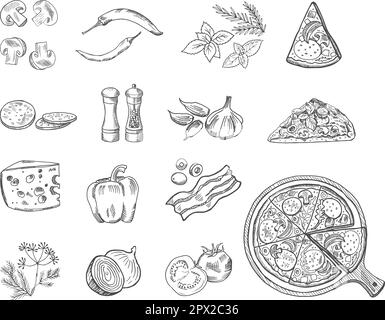 Croquis des ingrédients de la pizza. Pizzeria italienne doodle noir ingredeit ensemble isolé, bacon herbes fromage champignons basilic tomates salami oignon Illustration de Vecteur