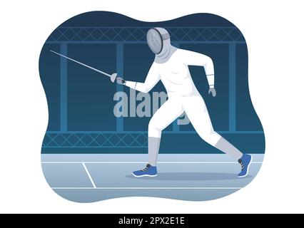 Escrime joueur Sport Illustration avec Fencer Fighting on Piste et épée Duel épreuve de compétition dans le dessin à la main de dessin à plat Banque D'Images