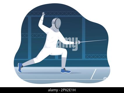 Escrime joueur Sport Illustration avec Fencer Fighting on Piste et épée Duel épreuve de compétition dans le dessin à la main de dessin à plat Banque D'Images