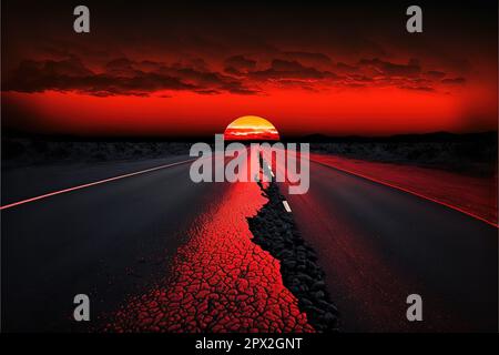 Coucher de soleil rouge de juillet sur une route asphaltée avec une bande de division blanche. Banque D'Images