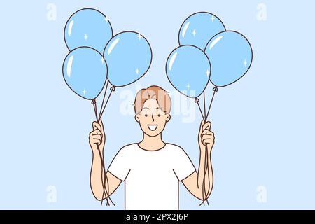 Jeune homme souriant avec des ballons entre les mains. Joyeux gars avec des accessoires de fête fêtez anniversaire ou anniversaire. Illustration vectorielle. Banque D'Images