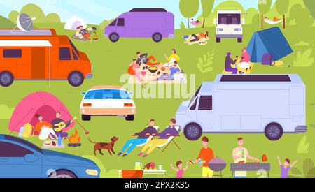 Festival de camp d'été. Pique-nique dans la forêt printanière, amis mangeant des grillades et des hamacs ou tente couchés, camping-car de caravane temps d'activité en plein air, illustration vectorielle du camping et campervan Illustration de Vecteur