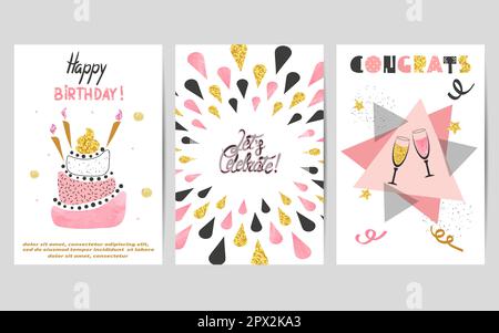 Ensemble de cartes d'anniversaire dans les couleurs rose, noire et dorée. Illustrations vectorielles de fête avec gâteau d'anniversaire et verres à champagne. Illustration de Vecteur