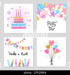 Ensemble de cartes d'anniversaire. Célébration illustrations vectorielles colorées avec gâteau d'anniversaire, ballons et étoiles. Illustration de Vecteur
