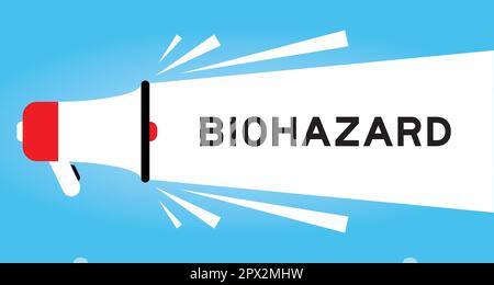 Colorer l'icône en forme de mégaphone avec le mot biohazard dans une bannière blanche sur fond bleu Illustration de Vecteur