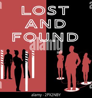 Signe de texte montrant perdu et trouvé, Word pour lieu où vous pouvez trouver des choses oubliées Service de recherche Banque D'Images