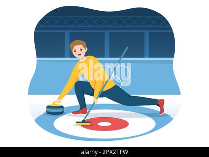 Illustration du sport de curling avec jeu d'équipe de rochers et de balais en anneau de glace rectangulaire dans le modèle de dessin à la main de dessin à la main de dessin à la main de dessin à plat de championnat Banque D'Images