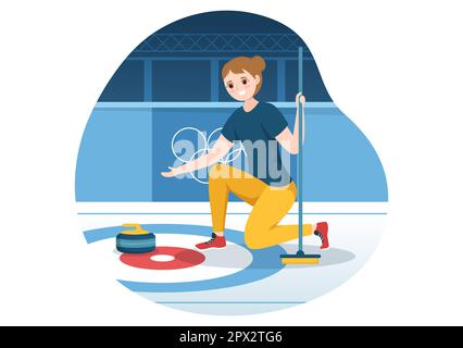 Illustration du sport de curling avec jeu d'équipe de rochers et de balais en anneau de glace rectangulaire dans le modèle de dessin à la main de dessin à la main de dessin à la main de dessin à plat de championnat Banque D'Images