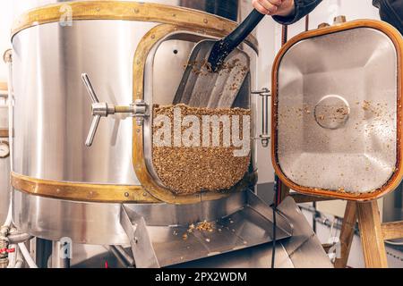 L'écrasement de graines de malt broyé pour la préparation du malt. Processus de grain d'orge de brasserie. Banque D'Images