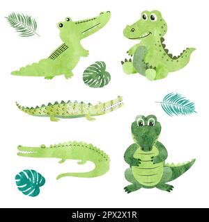 Ensemble de crocodiles de dessin animé aquarelle. Illustration vectorielle des alligators. Illustration de Vecteur