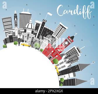 Cardiff Wales City Skyline avec bâtiments couleur, ciel bleu et espace de copie. Illustration vectorielle. Cardiff UK Cityscape avec des sites touristiques. Illustration de Vecteur