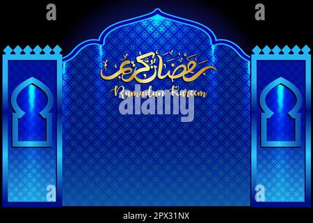 ramadan kareem concept bannière 3d cadre or fenêtre arabe sur fond magnifique motif arabe illustration vectorielle accrochée croissant doré Illustration de Vecteur