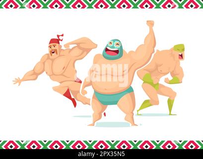 Lucha libre. personnages mexicains puissants combattants. Personnages de dessins animés vectoriels Illustration de Vecteur