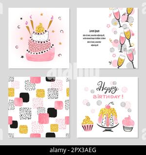Ensemble de cartes d'anniversaire dans des couleurs roses et dorées. Illustrations vectorielles de fête avec gâteau d'anniversaire et verres à champagne. Illustration de Vecteur