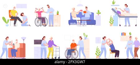 Aidants de personnes âgées. Soignant familial, infirmier travailleur social professionnel prenant soin des personnes âgées malades à l'hôpital ou en maison de soins infirmiers, services aux aînés splendide illustration vectorielle du soignant familial Illustration de Vecteur