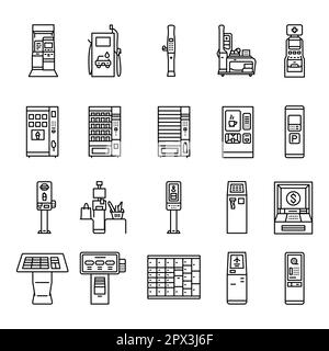 Jeu d'icônes de la ligne noire des machines en libre-service. Pictogramme pour page Web, application mobile, Promo. Illustration de Vecteur