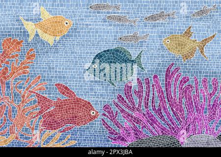 Scène sous-marine avec poissons et plantes de couleur, fond aquarium vecteur mosaïque graphique Illustration de Vecteur
