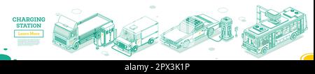 Véhicule électrique. Station de charge Electromobile. Concept de contour isométrique. Illustration vectorielle. Camions, fourgonnettes et autobus. Transport écologique. Énergie verte. Illustration de Vecteur