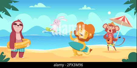 Animaux sur la plage. Les voyageurs de dessin animé d'été se détendent en maillot de bain sur la plage de l'océan vecteur exact animaux sauvages drôles Illustration de Vecteur