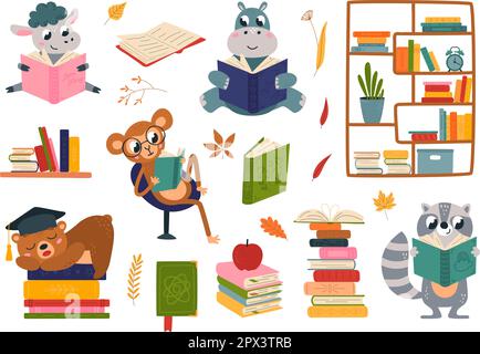 Animaux étudiant et livres. Livre amusant de lecture d'animaux de bébé. Enfants isolés mascottes lire, singe mignon, ours et moutons, personnages de vecteur de classe Illustration de Vecteur