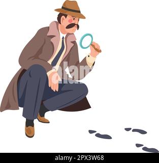 Détective regardant l'empreinte humaine sur le sol Illustration de Vecteur