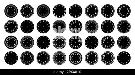 Cadrans d'horloge mécaniques, cadran de montre avec chiffres, cadre. Elément de minuterie ou de chronomètre avec les minutes, les heures et les chiffres. Echelle de cercle de mesure à blanc Illustration de Vecteur