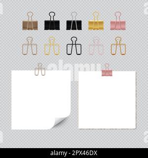 Ensemble de reliures, de pinces, de pinces pour feuilles de documents, de papeterie métallique pour l'école, d'accessoires de bureau. Illustration réaliste du vecteur Illustration de Vecteur