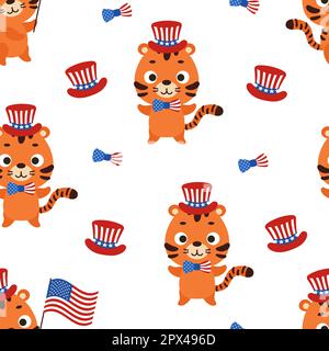 Mignon petit tigre aux Etats-Unis chapeau patriotique sans couture puérile motif. Personnage amusant d'animal de dessin animé pour le tissu, l'emballage, le textile, le papier peint, les vêtements. VE Illustration de Vecteur